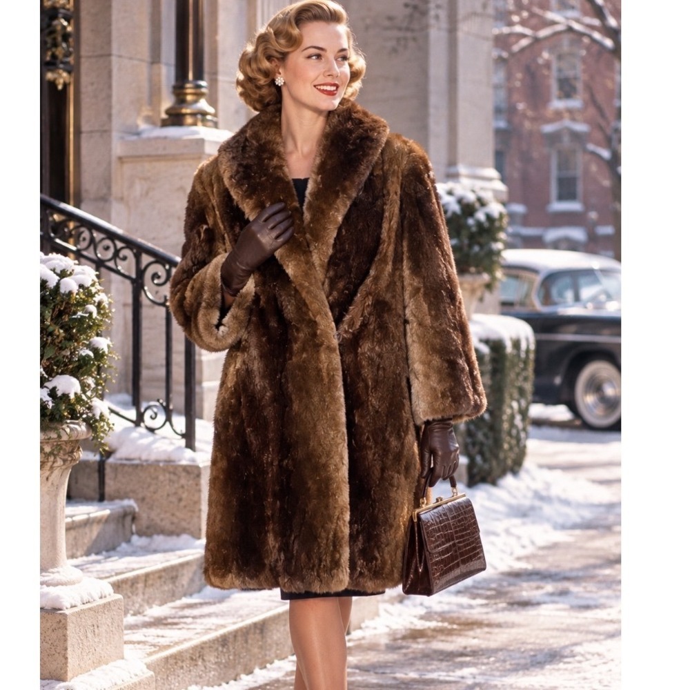 Vintage 50's beaver Coat Brown Mid Length Winter Glam large rockabilly